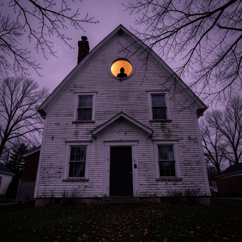 Key frame of an old white farmhouse at dusk with a glowing round attic window and a dark figure standing behind the glass