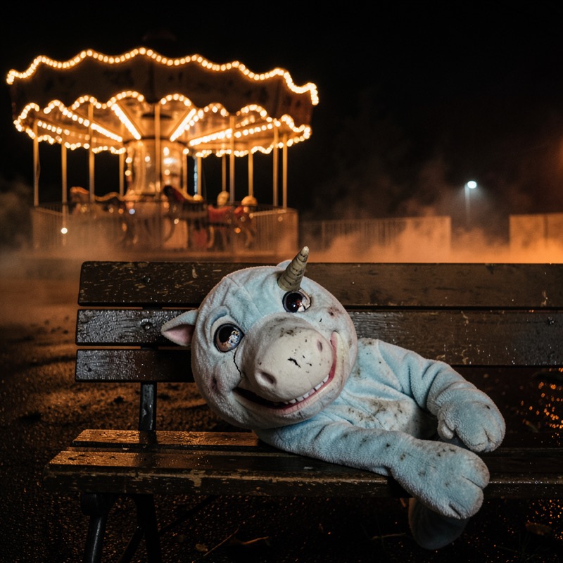 Key frame of a grubby pale-blue unicorn mascot costume slumped on a wet bench in front of a lit carousel at a foggy fairground