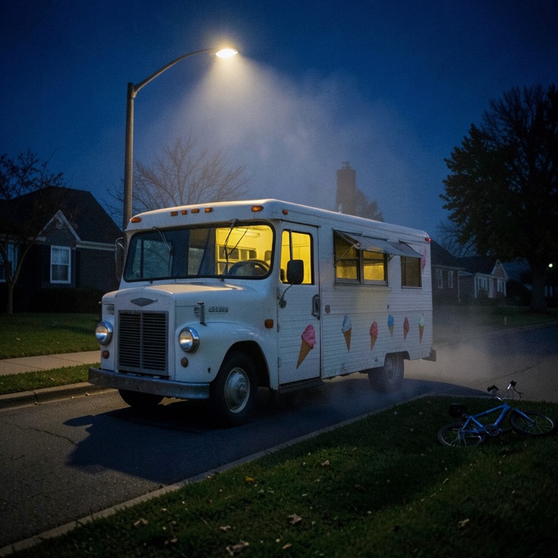 Key frame of an old white ice-cream van with a glowing serving window parked under a streetlight on a misty suburban street at night