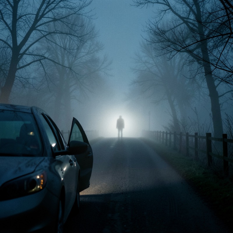 Key frame of headlights cutting through thick fog on a country road at night with a tall silhouette standing far ahead