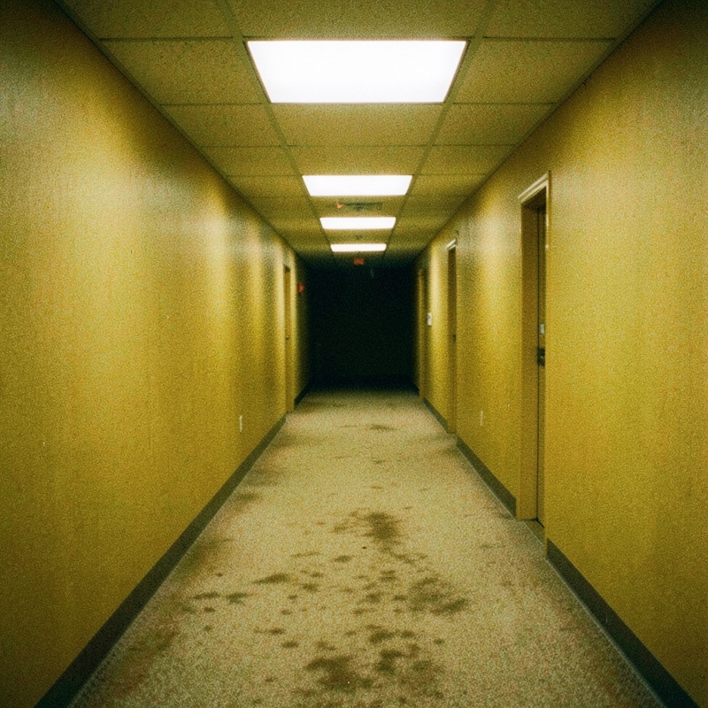 Key frame of an empty office hallway with mustard-yellow wallpaper, stained carpet and flickering fluorescent ceiling panels